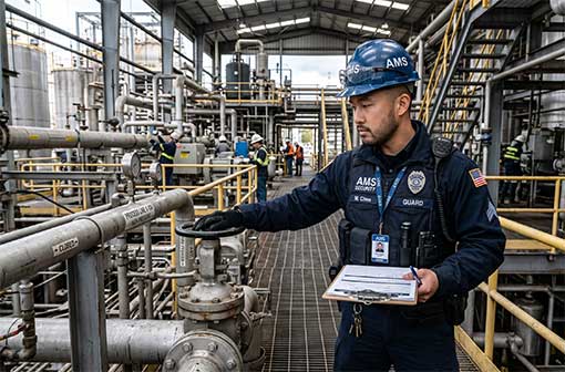 A uniformed AMS guard inspecting an industrial facility.