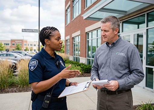 An AMS Security expert communicating proactively with a Fishers facility manager or business owner on-site.