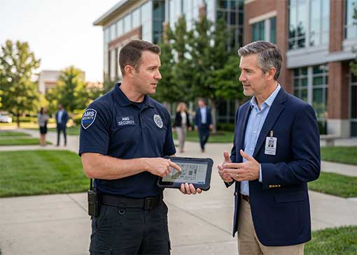 An AMS Security expert communicating proactively with a Carmel facility manager or corporate business owner on-site.