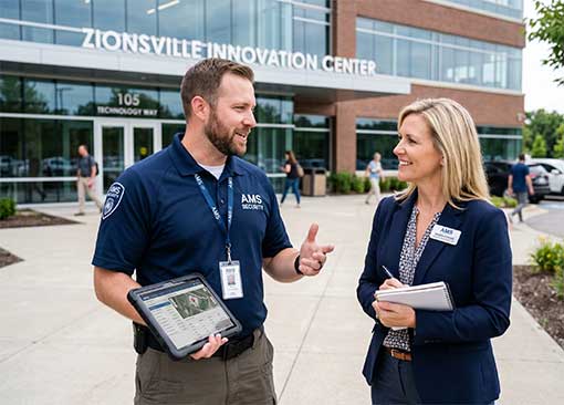 An AMS Security expert communicating proactively with a Zionsville facility manager or corporate business owner on-site.