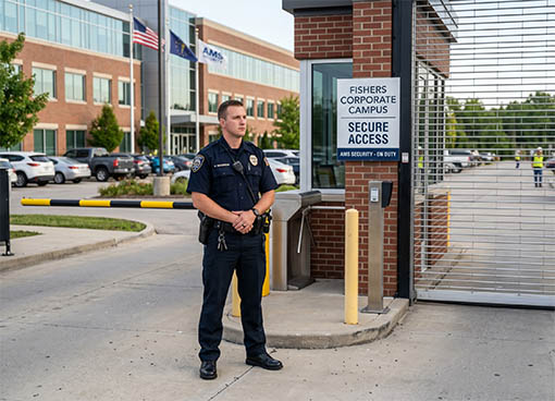 A uniformed AMS Security officer standing confidently near a Fishers corporate entrance or industrial gate.