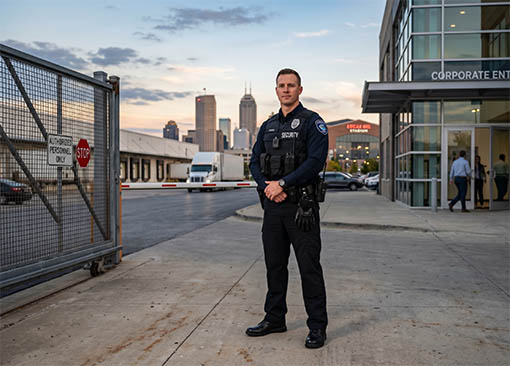 A uniformed AMS Security officer standing confidently near an Indianapolis corporate entrance or logistics gate.