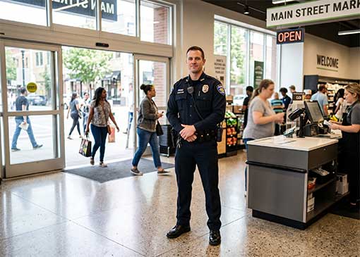 A uniformed AMS Security officer standing confidently near a retail entrance or point of sale.