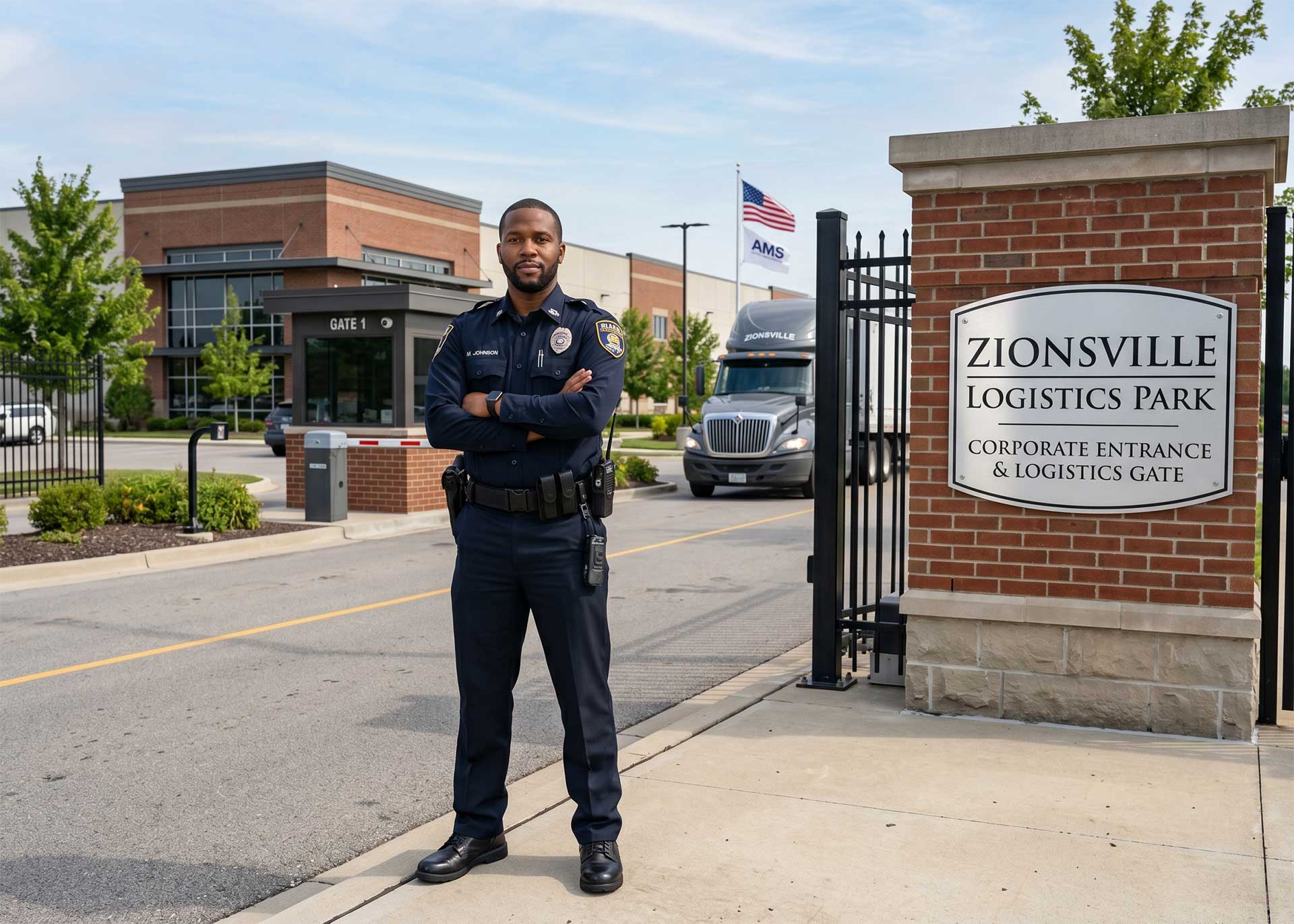 A uniformed AMS Security officer standing confidently near a Zionsville corporate entrance or logistics gate.