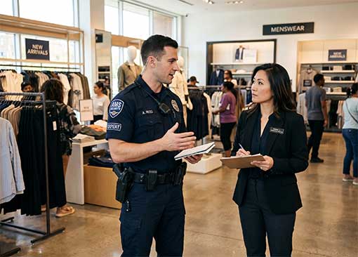 An AMS Security expert communicating with a store manager or operations director.
