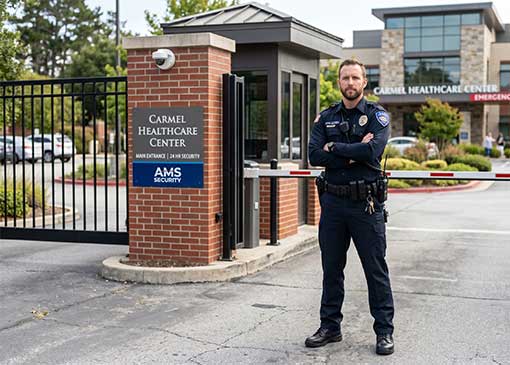 A uniformed AMS Security officer standing confidently near a Carmel corporate entrance or healthcare facility gate.